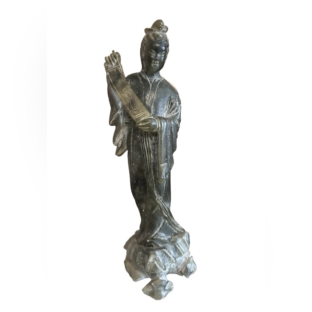 Vintage Soapstone Green Jade Carved Geisha Asian Chinese Figure Sculpture Rare